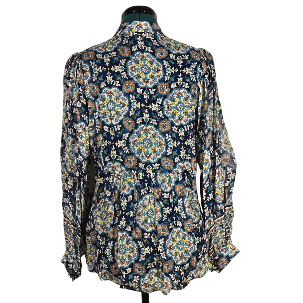 Shoshanna Silvano Blouse Blue White Printed Top Semi Sheer Size XS - Picture 7 of 11